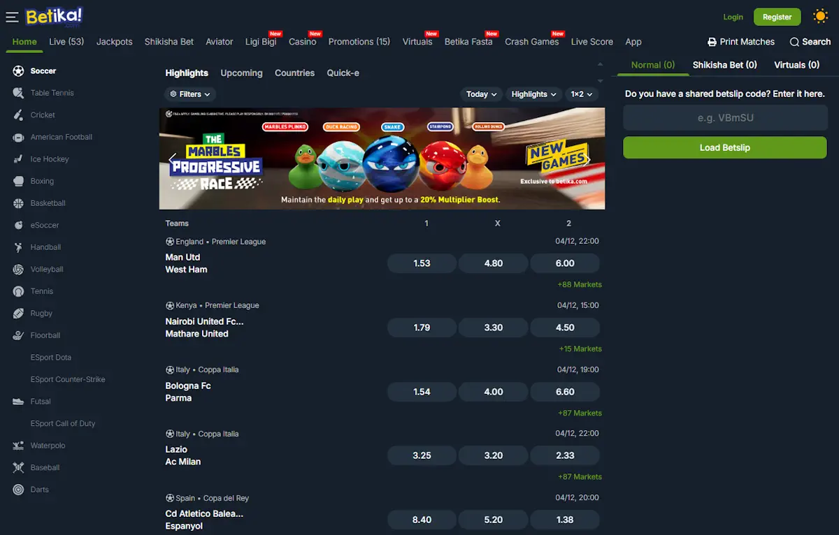 Betika Kenya Sportsbook Platform Screenshot